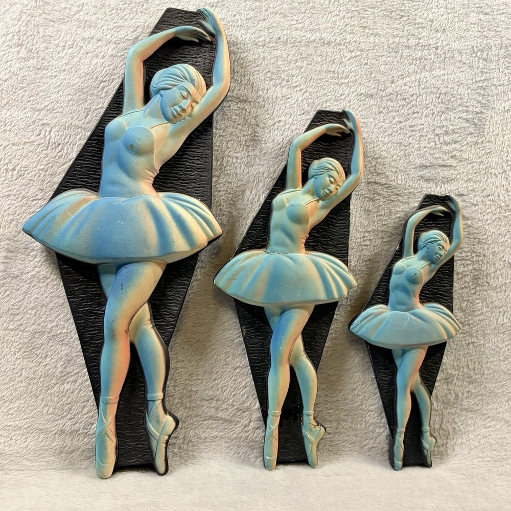 Vintage Chalkware Ballerina‎ Wall Plaques Set of 3 Mid Century Blue Black